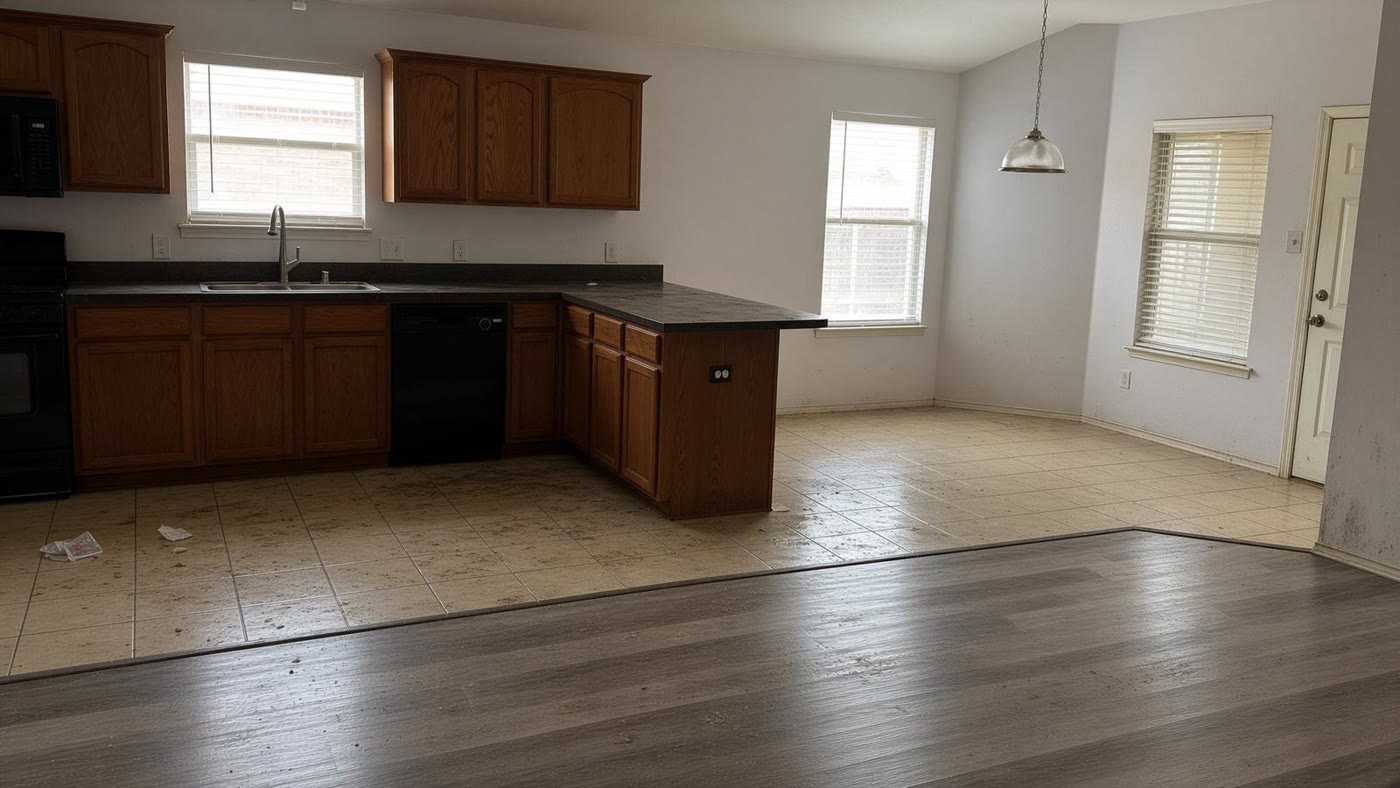 A dated apartment kitchen with older cabinets and finishes