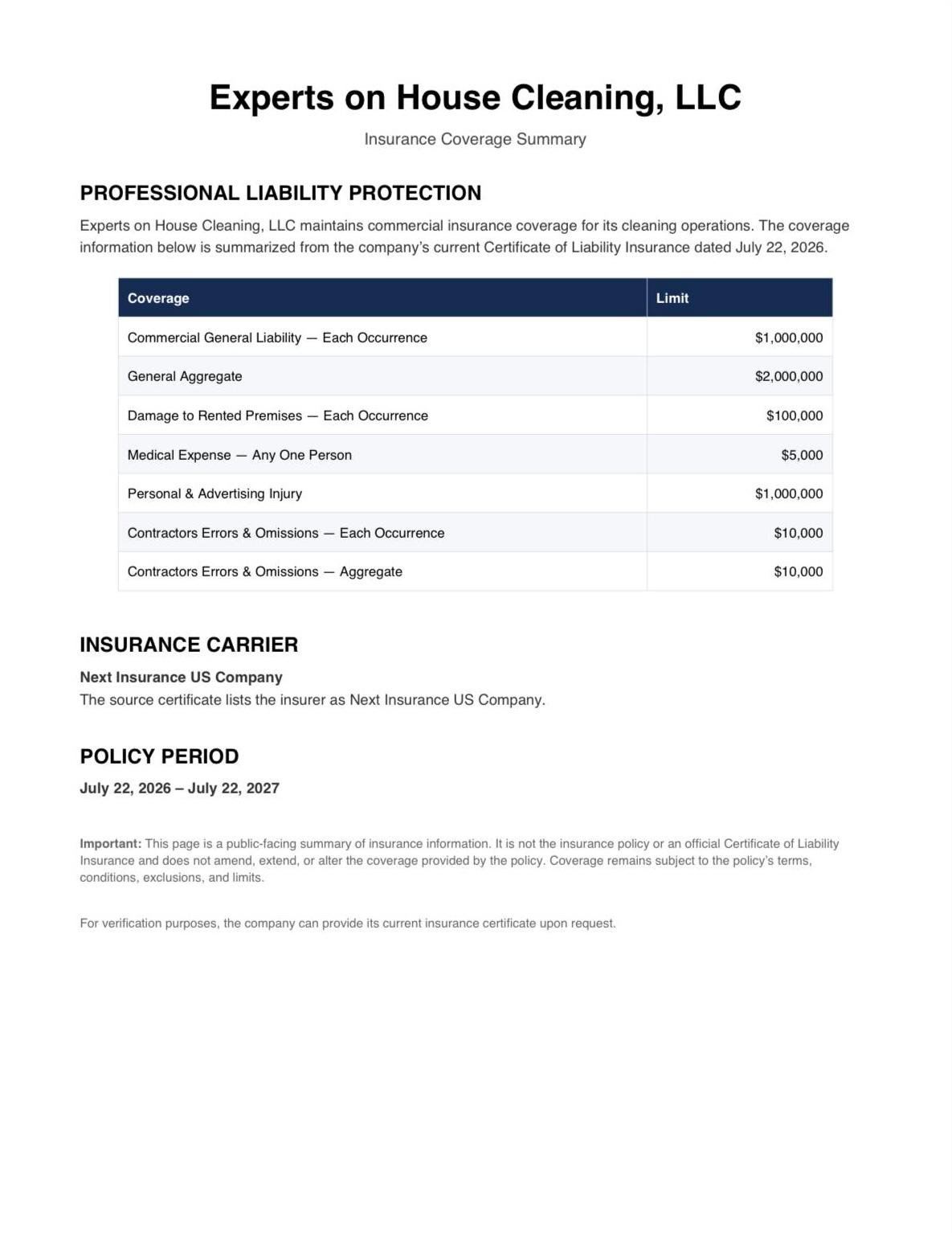 Experts on House Cleaning, LLC insurance coverage summary document