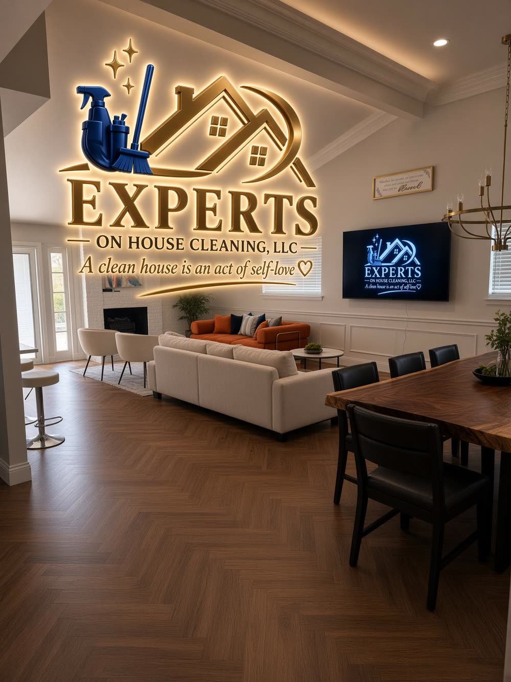 A property common area featuring the Experts on House Cleaning, LLC sign, illuminated in gold